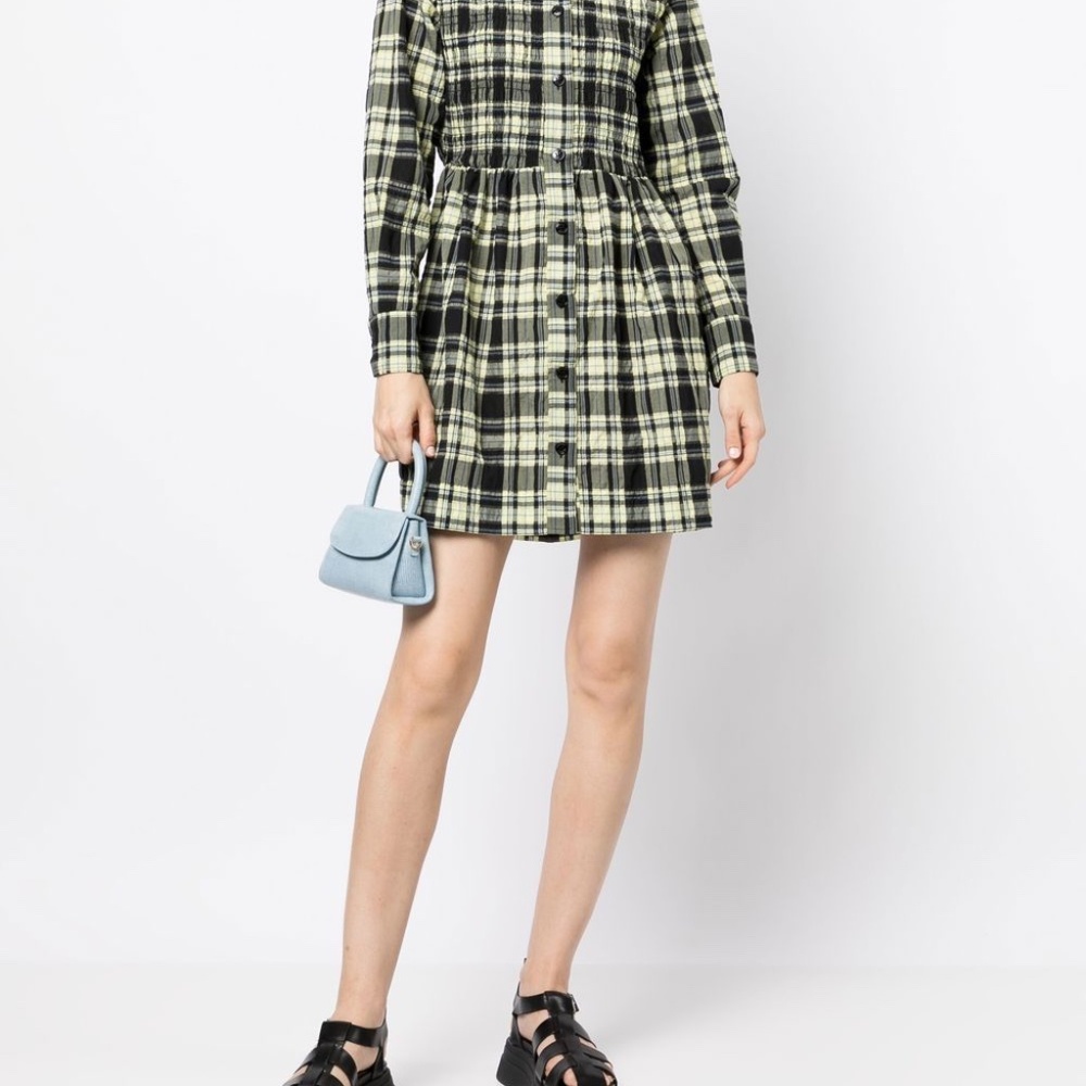GANNI Seersucker Check Smocked Shirtdress PLUS SIZE